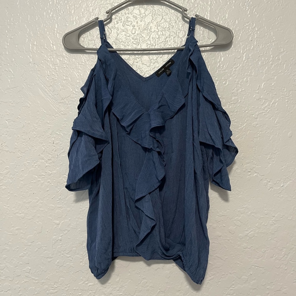 blue off the shoulder shirt!